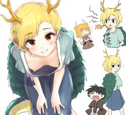 Rule 34 | &gt; &lt;, 1boy, 2girls, 3:, antlers, aqua shirt, arms behind back, black shirt, blonde hair, blue skirt, blunt bangs, blush, breasts, breath weapon, breathing fire, brown dress, child, collarbone, commentary request, cropped torso, crying, double bun, downblouse, dragon horns, dragon tail, dress, feet out of frame, fire, flying sweatdrops, from behind, grin, hair bun, hair ribbon, hanging breasts, highres, horns, joutouguu mayumi, kicchou yachie, leaning forward, looking at viewer, looking back, multiple girls, nipples, no bra, open mouth, orange hair, red eyes, ribbon, shirt, short hair, short sleeves, sidelocks, simple background, sitting, skirt, small breasts, smile, standing, tada no nasu, tail, tears, touhou, upper body, white background, white ribbon