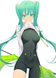 Rule 34 | 1girl, absurdres, aqua eyes, aqua hair, arms behind back, asymmetrical bodysuit, black bodysuit, bodysuit, breasts, clothes in mouth, clothes lift, clothes writing, covered navel, cowboy shot, flag, flagpole, green eyes, green hair, hatsune miku, highres, holding, holding flag, lifting own clothes, long hair, long sleeves, looking at viewer, mouth hold, racing miku, racing miku (2022), see-through, shirt in mouth, shirt lift, simple background, skin tight, skinny, solo, tr (hareru), turtleneck, twintails, very long hair, vocaloid, white background