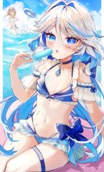 Rule 34 | 1girl, :o, absurdres, bare shoulders, bikini, blue bikini, blue bow, blue choker, blue eyes, blue gemstone, blue hair, blue panties, blue pupils, blue sky, blush, bow, breasts, choker, cloud, day, drop-shaped pupils, feet out of frame, food, furina (genshin impact), gem, genshin impact, hair between eyes, heterochromia, highleg, highleg bikini, highres, holding, holding food, holding popsicle, ichiyume ichiyu, light blue hair, long hair, looking at viewer, lumine (genshin impact), multicolored hair, navel, on innertube, open mouth, outdoors, panties, pink innertube, popsicle, simple bird, sky, small breasts, solo focus, stomach, swimsuit, symbol-shaped pupils, thigh strap, twitter username, underwear, very long hair, water, wet, white hair