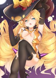 Rule 34 | 1girl, :&lt;, absurdres, alternate breast size, arm behind head, armpits, azur lane, black footwear, black hat, black thighhighs, blonde hair, blue eyes, bow, breasts, candy, cleavage, commentary request, food, hair between eyes, halloween, hat, hat bow, high heels, highres, holding, holding candy, holding food, holding lollipop, karla (kimidori3), knee up, lollipop, long hair, looking at viewer, medium breasts, moon, narrowed eyes, night, open mouth, reclining, revealing clothes, smalley (azur lane), smalley (candy courier) (azur lane), solo, thick eyebrows, thighhighs, tongue, tongue out, very long hair, witch hat