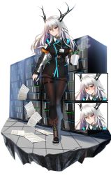 Rule 34 | 1girl, arknights, bishi (bishi), black jacket, black pantyhose, blazer, blush, boots, breasts, brown footwear, clipboard, closed mouth, coffee mug, commentary request, cup, embarrassed, expressionless, floor, grey hair, hair between eyes, head tilt, highres, holding, holding cup, horns, jacket, large breasts, long hair, long sleeves, looking at viewer, miniskirt, mug, multicolored eyes, name tag, original, pantyhose, paperwork, pencil, personification, plaid, plaid shirt, portrait, purple eyes, server, shirt, skirt, smile, solo, standing, thigh strap, yellow eyes
