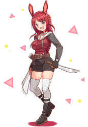 Rule 34 | 1girl, animal ears, belt, bike shorts, black eyes, black footwear, black shorts, boots, borrowed character, brown belt, choker, commentary, commission, cougar (cougar1404), drawstring, english commentary, fishnet sleeves, fishnets, full body, heel up, holding, holding sword, holding weapon, hood, hood down, hooded shirt, looking at viewer, medium hair, open mouth, original, rabbit ears, rabbit girl, red hair, red shorts, reverse grip, shorts, skeb commission, skindentation, smile, solo, standing, sword, textless version, thighhighs, weapon, white background, white choker, white thighhighs