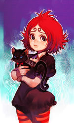 Rule 34 | 1girl, blue eyes, cat, dress, highres, looking at viewer, red hair, ruby gloom, ruby gloom (character), short hair, solo, standing, thighhighs, traditional media, yoshinari you, aged down