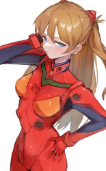 Rule 34 | 1girl, absurdres, amepa (ame pinecandy), blue eyes, blush, bodysuit, breasts, brown hair, commentary request, gloves, hair ornament, hand on own hip, highres, long hair, looking at viewer, medium breasts, neon genesis evangelion, plugsuit, red bodysuit, red gloves, simple background, souryuu asuka langley, white background