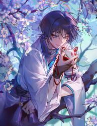 Rule 34 | 1boy, absurdres, arm rest, bishounen, blue eyes, blue sky, branch, bridal gauntlets, cherry blossoms, chinese commentary, commentary request, cowboy shot, day, detached sleeves, eyeshadow, flower, fox mask, genshin impact, highres, holding, holding mask, in tree, japanese clothes, kimono, looking at viewer, lying, makeup, male focus, mask, obi, obijime, on stomach, outdoors, parted lips, purple hair, red eyeshadow, sash, scaramouche (genshin impact), short hair, single detached sleeve, sky, solo, tassel, tree, unworn mask, white flower, white kimono, yin01582942