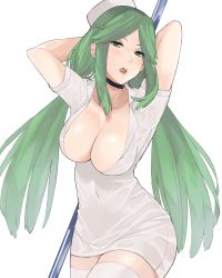 Rule 34 | 1girl, arms behind head, arms up, breasts, dress, green eyes, green hair, hat, highres, j@ck, jewelry, kid icarus, kid icarus uprising, large breasts, long hair, looking at viewer, necklace, nintendo, nurse, nurse cap, open mouth, palutena, pole, solo, super smash bros., thighhighs, tiara, tongue, tongue out, twintails, very long hair