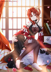 Rule 34 | 1girl, absurdres, bare shoulders, breasts, brown legwear, cen (cenll), chinese clothes, cleavage, closed mouth, flower, full body, hair flower, hair ornament, highres, honkai (series), honkai impact 3rd, indoors, looking at viewer, murata himeko, murata himeko (vermillion knight), nail polish, petals, red hair, red nails, red sleeves, sitting, smile, soles, solo, toeless legwear, toenail polish, toenails, toes, white flower, window, yellow eyes