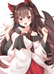 Rule 34 | 1girl, animal ears, arms up, bare shoulders, blush, breasts, brooch, brown hair, collarbone, commentary request, dress, fang, head tilt, heart, imaizumi kagerou, jewelry, layered dress, long hair, looking at viewer, medium breasts, off-shoulder dress, off shoulder, open mouth, partial commentary, pinky out, red eyes, red skirt, rururiaru, shawl, simple background, skin fang, skirt, solo, string, string of fate, tail, touhou, upper body, very long hair, white background, wolf ears, wolf girl, wolf tail
