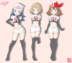 Rule 34 | 3girls, absurdres, arms behind back, bandana, beanie, black footwear, black gloves, black legwear, blonde hair, blue eyes, blue hair, blush, breasts, brown hair, cosplay, creatures (company), crop top, dawn (pokemon), elbow gloves, english text, female focus, full body, game freak, gloves, hair ornament, hairclip, hand on own hip, hand up, hat, highres, jessie (pokemon), jessie (pokemon) (cosplay), knees together feet apart, legs apart, long hair, looking at viewer, matching hair/eyes, may (pokemon), miniskirt, multiple girls, navel, nintendo, open mouth, pink background, pokemon, pokemon (anime), pokemon dppt, pokemon rse, pokemon xy, red headwear, serena (pokemon), shirt, shoes, short hair, short sleeves, simple background, skirt, small breasts, smile, standing, standing on one leg, tax2rin, team rocket, team rocket (cosplay), text focus, thigh gap, thighhighs, translation request, watermark, white headwear, white shirt, white skirt, zettai ryouiki