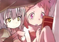 Rule 34 | 1girl, 1other, book, closed mouth, made in abyss, mitty (made in abyss), mitty (made in abyss) (human), nanachi (made in abyss), nanachi (made in abyss) (human), open mouth, pink hair, purple eyes, reading, strapless, tube top, under covers, white hair, ximu shilang, yellow eyes