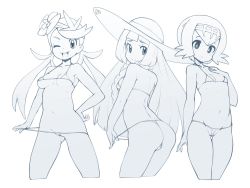 Rule 34 | 3girls, ass, bad id, bad twitter id, bikini, bikini pull, braid, clothes pull, creatures (company), flower, from behind, frontal wedgie, game freak, hair flower, hair ornament, hairband, hand on own chest, hand on own hip, hat, highres, lana (pokemon), lillie (pokemon), long hair, looking back, mallow (pokemon), micro bikini, monochrome, multiple girls, nintendo, one eye closed, open mouth, pokemon, pokemon sm, pulling own clothes, short hair, simple background, skindentation, slugbox, sun hat, swimsuit, trial captain, twin braids, twintails, wedgie, white background
