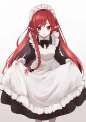 Rule 34 | 1girl, alternate costume, apron, black bow, black dress, bow, bowtie, braid, breasts, commentary, dress, elf, enmaided, feet out of frame, frilled apron, frills, hair between eyes, hair bow, headband, highres, long hair, long sleeves, looking at viewer, maid, maid apron, maid headdress, mist train girls, parted lips, pointy ears, red eyes, red hair, side braid, simple background, skirt hold, small breasts, solo, tomisaka yorui, versailles (mist train girls), white apron, white background, white headband