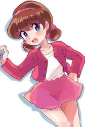 Rule 34 | 1girl, blue eyes, brown hair, cowboy shot, hacket, hairband, hand on own hip, himitsu no akko-chan, jacket, kagami atsuko, open mouth, remotarou, short twintails, simple background, skirt, smile, solo, twintails, white background