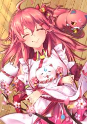 Rule 34 | 1girl, 35p (sakura miko), ^ ^, absurdres, aekun cben, ahoge, bell, blush, branch, breasts, cat, cherry blossoms, closed eyes, closed mouth, commentary, crossed arms, dress, eyebrows hidden by hair, facing viewer, frills, hair between eyes, hair ornament, hair ribbon, highres, hololive, japanese clothes, kintoki (sakura miko), large breasts, long hair, long sleeves, lying, miko, multicolored clothes, multicolored dress, petals, pink dress, pink hair, ribbon, sakura miko, sakura miko (1st costume), smile, solo, virtual youtuber, white dress, wooden floor
