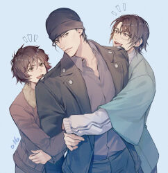 Rule 34 | 1girl, 2boys, akai shuuichi, black hair, black jacket, blue background, brother and sister, brown hair, commentary request, fur-trimmed jacket, fur trim, glasses, haneda shuukichi, haori, hat, hug, jacket, japanese clothes, long sleeves, looking at another, meitantei conan, multiple boys, notice lines, numbered, open mouth, sera masumi, shirt tucked in, siblings, upper body, yoshicha