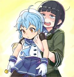 Rule 34 | 2girls, ahoge, beret, black hair, blonde hair, blue hair, blue skirt, blunt bangs, blush, candy, carrying, closed mouth, commentary request, food, gloves, green skirt, hat, holding, holding candy, holding food, holding lollipop, kantai collection, kitakami (kancolle), lollipop, long hair, long sleeves, messy hair, mizoki kei, multicolored hair, multiple girls, open mouth, sado (kancolle), sailor collar, school uniform, serafuku, shaded face, short sleeves, sidelocks, simple background, skirt, sweat, white gloves, white headwear