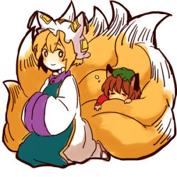 Rule 34 | 2girls, animal ears, blonde hair, brown hair, cat ears, cat girl, cat tail, chen, chibi, female focus, fox tail, hands in opposite sleeves, hugging another&#039;s tail, large tail, looking back, lowres, meeko, multiple girls, multiple tails, no nose, short hair, sketch, sleeping, smile, tail, hugging tail, touhou, yakumo ran