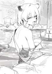 Rule 34 | 1girl, absurdres, animal ears, ass, blue archive, blush, breasts, bucket, drunk, greyscale, halo, highres, large breasts, looking at viewer, mark jin, monochrome, onsen, open mouth, outdoors, partially submerged, rock, shigure (blue archive), shigure (hot spring) (blue archive), sketch, solo, water, weasel ears, weasel girl
