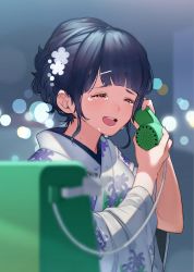 Rule 34 | 1girl, absurdres, black hair, commentary request, corded phone, crying, closed eyes, hair ornament, highres, holding, holding phone, japanese clothes, kimono, nail polish, original, payphone, phone, phone booth, sobbing, solo, talking on phone, tears, yoshihiro (yoshihiro12190), yukata