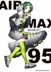 Rule 34 | 1girl, air max 95, black sleeves, commentary request, detached sleeves, english text, fashion, green hair, green thighhighs, grey footwear, headphones, highres, hood, nike (company), original, personification, product girl, shimesaba kohada, shoes, sneakers, solo, thighhighs, two-tone footwear