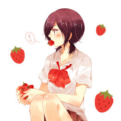 Rule 34 | 1girl, bad id, bad pixiv id, blush, bow, bowtie, brown hair, collarbone, commentary request, food in mouth, food print, grey background, grey shirt, hair over one eye, holding, kirishima touka, knees up, low twintails, mouth hold, profile, red bow, red bowtie, school uniform, shirt, short hair, short sleeves, simple background, sitting, strawberry print, tokyo ghoul, toukaairab, twintails