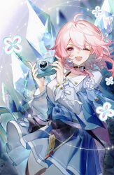 Rule 34 | 1girl, ;d, absurdres, ahoge, blue nails, blue skirt, blush, camera, commentary request, cowboy shot, gradient nails, highres, holding, holding camera, honkai: star rail, honkai (series), ice crystal, jacket, long hair, long sleeves, looking at viewer, march 7th (honkai: star rail), mumian doufu, nail polish, one eye closed, open mouth, pantyhose, pink hair, pink nails, pleated skirt, red eyes, shirt, skirt, smile, solo, sparkle, thigh strap, tied jacket, white pantyhose, white shirt