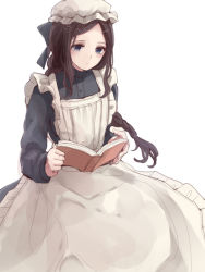 Rule 34 | 1girl, apron, blue eyes, book, braid, brown hair, expressionless, frilled apron, frills, hair ornament, hairclip, hat, kashiwagi chisame, long hair, long sleeves, looking down, maid, mob cap, open book, original, reading, simple background, single braid, solo, victorian maid, white background
