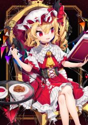 Rule 34 | 1girl, :d, ascot, bat (animal), blonde hair, book, bow, breasts, brooch, choker, commentary request, cookie, corset, cross-laced clothes, crossed legs, crystal, cup, dress, drill hair, embellished costume, feet out of frame, flandre scarlet, flower, food, frills, gunjou row, hair between eyes, hair bow, hands up, hat, hat bow, highres, holding, holding book, jewelry, light blush, looking to the side, mob cap, nail polish, one side up, open book, open mouth, petticoat, plate, reading, red background, red bow, red choker, red dress, red eyes, red nails, rose, saucer, short hair, sitting, slit pupils, small breasts, smile, solo, table, teacup, touhou, wavy hair, white hat, wings, yellow ascot, yellow flower, yellow rose