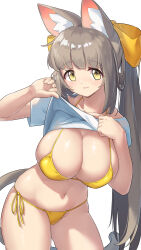 Rule 34 | 1girl, absurdres, animal ears, arukiru, bikini, bow, breasts, brown hair, cat ears, cat girl, clothes lift, hair bow, highres, large breasts, lifting own clothes, long hair, looking at viewer, navel, original, ponytail, shirt, shirt lift, short sleeves, side-tie bikini bottom, smile, solo, standing, swimsuit, thighs, white shirt, yellow bikini, yellow bow, yellow eyes