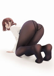 Rule 34 | 1girl, :o, absurdres, all fours, ass, bad id, bad pixiv id, black pantyhose, brown hair, cyan (2723219252), hair ornament, hairclip, highres, higuchi madoka, idolmaster, idolmaster shiny colors, looking at viewer, panties, panties under pantyhose, pantyhose, shirt, short hair, simple background, soles, solo, thighs, underwear, white background, white shirt