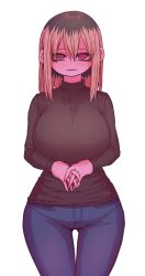 Rule 34 | 1girl, @ @, black hair, black shirt, blonde hair, blush, breasts, cropped legs, denim, eyebrows, hair between eyes, highres, jeans, kinjo no hito no nakimushi, large breasts, long sleeves, looking at viewer, multicolored hair, ochiai (kinjo no hito no nakimushi), own hands together, pants, parted lips, shirt, simple background, thigh gap, two-tone hair, white background, zyugoya