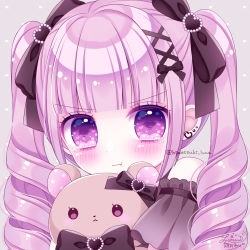 Rule 34 | 1girl, :t, bare shoulders, black bow, black ribbon, blush, bow, closed mouth, commentary request, drill hair, ear piercing, earrings, grey background, hair bow, hair ribbon, heart, heart background, heart earrings, highres, himetsuki luna, jewelry, original, piercing, pout, purple eyes, purple hair, ribbon, simple background, solo, stuffed animal, stuffed toy, tears, teddy bear, twin drills, twintails, twitter username, upper body, v-shaped eyebrows, wavy mouth