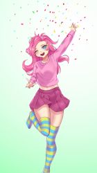 Rule 34 | 1girl, ;d, absurdres, blue eyes, blush, breasts, chuuumi, confetti, green background, highres, long hair, long sleeves, looking at viewer, medium breasts, midriff peek, miniskirt, navel, one eye closed, open mouth, party girl (terraria), pink hair, pink shirt, pink skirt, shirt, simple background, skirt, smile, solo, standing, standing on one leg, striped clothes, striped thighhighs, teeth, terraria, thighhighs, upper teeth only, white background