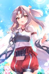 Rule 34 | 1girl, absurdres, blush, cowboy shot, day, fuuna, hachimaki, headband, high ponytail, highres, japanese clothes, kantai collection, kimono, light brown hair, long hair, long sleeves, muneate, open mouth, outdoors, red eyes, red shorts, shorts, smile, solo, white kimono, wide sleeves, zuihou (kancolle), zuihou kai ni (kancolle)