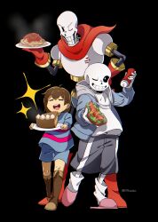 Rule 34 | 1other, 2boys, ;d, = =, absurdres, androgynous, black background, blue jacket, blue shorts, blue sweater, boots, bottle, brown footwear, brown hair, cake, cake slice, cape, child, commentary, drawstring, food, frisk (undertale), full body, gloves, grey shorts, grin, hand on own hip, height difference, highres, holding, holding bottle, holding food, holding plate, hood, hood down, hooded jacket, hot dog, jacket, ketchup bottle, knee boots, leg warmers, long sleeves, looking at viewer, male focus, multiple boys, one eye closed, open mouth, papyrus (undertale), pasta, pink footwear, plate, red cape, red footwear, red gloves, sans (undertale), shirt, short hair, shorts, signature, simple background, skeleton, slippers, smile, sonokare, spaghetti, standing, steam, sweater, twitter username, undertale, white shirt