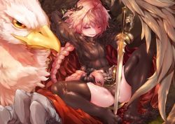Rule 34 | 1boy, armor, astolfo (fate), black bow, black shirt, black thighhighs, blush, bow, braid, cloak, dress, fang, fate/apocrypha, fate/grand order, fate (series), full body, fur-trimmed cloak, fur trim, gauntlets, hair bow, hair intakes, happy, holding, holding sword, holding weapon, long braid, long hair, long sleeves, looking at viewer, male focus, multicolored hair, open mouth, pink hair, purple eyes, shirt, single braid, sitting, smile, solo, streaked hair, sword, thighhighs, trap, weapon, wei yu, white cloak