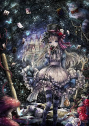 Rule 34 | 1girl, alice (alice in wonderland), alice in wonderland, apron, bad id, bad pixiv id, blonde hair, blue dress, blue eyes, bow, card, castle, checkered floor, cheshire cat (alice in wonderland), dress, emon (glossy black), flower, forest, fork, frilled dress, frills, grin, hair bow, hat, hat bow, knife, long hair, long sleeves, looking at viewer, mushroom, nature, original, playing card, pocket watch, puffy long sleeves, puffy sleeves, red flower, red rose, rose, sharp teeth, smile, standing, striped clothes, striped thighhighs, stuffed animal, stuffed rabbit, stuffed toy, teeth, thighhighs, top hat, watch, white flower, white rose