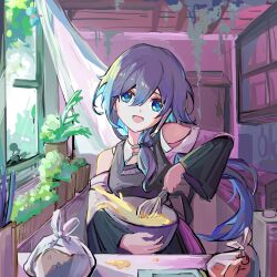 Rule 34 | 1girl, bag, bare shoulders, black shirt, blue eyes, breasts, cellphone, chinese commentary, cooking, food, fu hua, grey hair, hair between eyes, highres, honkai (series), honkai impact 3rd, indoors, kitchen, looking at viewer, open mouth, phone, plant, pov, qingqingxiaoo, shirt, small breasts, solo, talking on phone, upper body, window