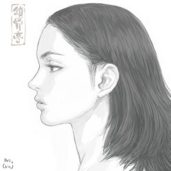 Rule 34 | 1girl, artist logo, from side, greyscale, hair slicked back, half-closed eyes, long hair, monochrome, nude, original, parted lips, shu-mai, simple background, solo, white background