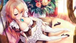 Rule 34 | 1girl, bad id, bad pixiv id, blonde hair, breasts, cleavage, cleavage cutout, clothing cutout, detached collar, dk.senie, feet, flower, forever 7th capital, frilled thighhighs, frills, from above, garter straps, highres, indoors, jewelry, large breasts, long hair, looking at viewer, pendant, red eyes, sitting, solo, thighhighs, vase, wrist cuffs