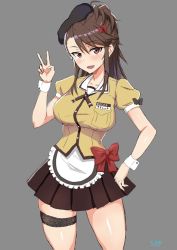 Rule 34 | 10s, 1girl, amaretto (girls und panzer), apron, beret, blouse, bow, brown eyes, brown hair, coco&#039;s, girls und panzer, hand on own hip, hat, long hair, miniskirt, mordeth, name tag, open mouth, pleated skirt, shirt, skirt, thigh strap, uniform, v, wrist cuffs
