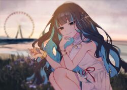 1girl black_hair blue_hair blurry blurry_background bracelet colored_inner_hair dress fate/grand_order fate_(series) ferris_wheel grey_eyes highres jewelry long_hair multicolored_hair onda_(wave_sometime) seashell shell smile squatting sunset tenochtitlan_(fate) tenochtitlan_(swimsuit_mooncancer)_(fate) tenochtitlan_(swimsuit_mooncancer)_(second_ascension)_(fate) white_dress