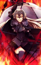 Rule 34 | 1girl, ahoge, armor, armored dress, banner, black thighhighs, blonde hair, cape, fate/grand order, fate (series), fire, headgear, highres, jeanne d&#039;arc (fate), jeanne d&#039;arc alter (avenger) (fate), jeanne d&#039;arc alter (avenger) (first ascension) (fate), jeanne d&#039;arc alter (fate), lens flare, long hair, open mouth, ponita, ruler (fate/grand order), skindentation, solo, sword, thighhighs, weapon, yellow eyes