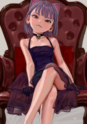 Rule 34 | 1girl, animal ears, armchair, artist name, bare arms, bare shoulders, black choker, brown skirt, camisole, cat ears, chair, choker, commentary request, crossed legs, ear piercing, feet out of frame, fkey, flat chest, grey background, head tilt, highres, lip biting, looking at viewer, original, piercing, red eyes, see-through, short hair, silver hair, simple background, sitting, skirt, skull choker, solo, spaghetti strap
