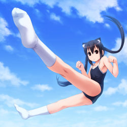 Rule 34 | 1girl, animal ears, black hair, brown eyes, cat ears, feet, female focus, foot focus, foreshortening, from below, k-on!, kneepits, long hair, nakano azusa, no shoes, one-piece swimsuit, paw pose, sayousuke, school swimsuit, socks, soles, solo, swimsuit, twintails