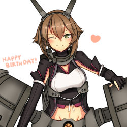 Rule 34 | 10s, 1girl, blush, bodysuit, breasts, brown hair, female focus, green eyes, highres, kantai collection, mutsu (kancolle), personification, short hair, smile, solo, upper body, white background, wink