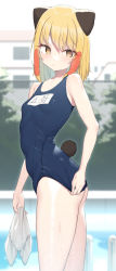 Rule 34 | 1girl, absurdres, animal ears, blonde girl (cloba), blonde hair, blue one-piece swimsuit, blurry, blurry background, breasts, cloba, closed mouth, highres, holding, medium hair, one-piece swimsuit, original, outdoors, pool, school swimsuit, small breasts, solo, standing, swimsuit, tail, thighs, twisted torso, wet, yellow eyes