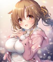 Rule 34 | 1girl, :d, blush, breasts, brown eyes, brown hair, brown ribbon, coat, commentary request, hair between eyes, hair ribbon, hands up, highres, hood, hood down, hooded jacket, idolmaster, idolmaster cinderella girls, interlocked fingers, jacket, large breasts, long hair, long sleeves, looking at viewer, mikagami mamizu, nail polish, open clothes, open coat, open mouth, parted bangs, pink coat, pink nails, plaid, ribbed sweater, ribbon, side ponytail, sleeves past wrists, smile, solo, sweater, totoki airi, turtleneck, turtleneck sweater, upper body, white sweater
