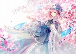 Rule 34 | 1girl, arm garter, arm ribbon, arms up, blue dress, blue ribbon, cherry blossoms, dress, female focus, floral print, frills, ghost, hat, hitodama, long sleeves, obi, outstretched hand, petals, pink eyes, pink hair, ribbon, ribbon-trimmed collar, ribbon-trimmed sleeves, ribbon trim, saigyouji yuyuko, sash, short hair, siro (asteblanc), solo, touhou, tree, triangular headpiece, veil, wide sleeves