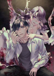 Rule 34 | 1boy, 1girl, black hair, black pants, blood, blood on clothes, blood on face, blue eyes, breast pocket, breasts, character request, collared shirt, commentary request, hair between eyes, hand on another&#039;s neck, highres, large breasts, medium breasts, mole, mole under mouth, noose, open mouth, pants, pocket, purple eyes, purple hair, ryuki@maguro-ex, shirt, signal 100, sitting